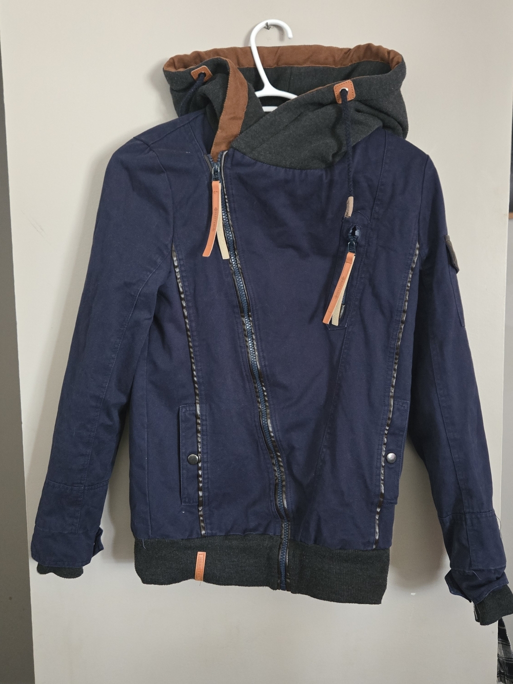 Naketano Navy Bomber Jacket with Brown Trim Small Zip Up